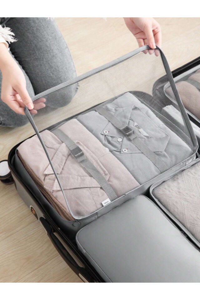One Kado 8 Parça Gri Seyahat Organizatör Bavul Ambalaj Seti Su Geçirmez Kumaş Saklama Kutuları