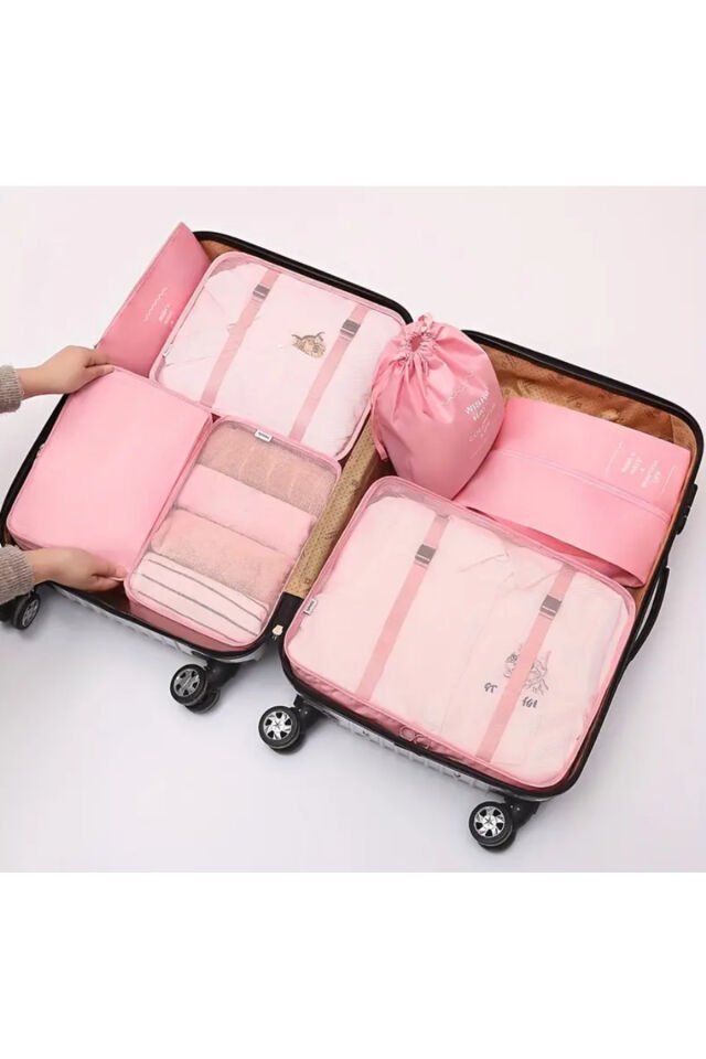 One Kado 8 Parça Pembe Seyahat Organizatör Bavul Ambalaj Seti Su Geçirmez Kumaş Saklama Kutuları