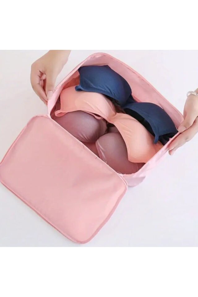 One Kado 8 Parça Pembe Seyahat Organizatör Bavul Ambalaj Seti Su Geçirmez Kumaş Saklama Kutuları