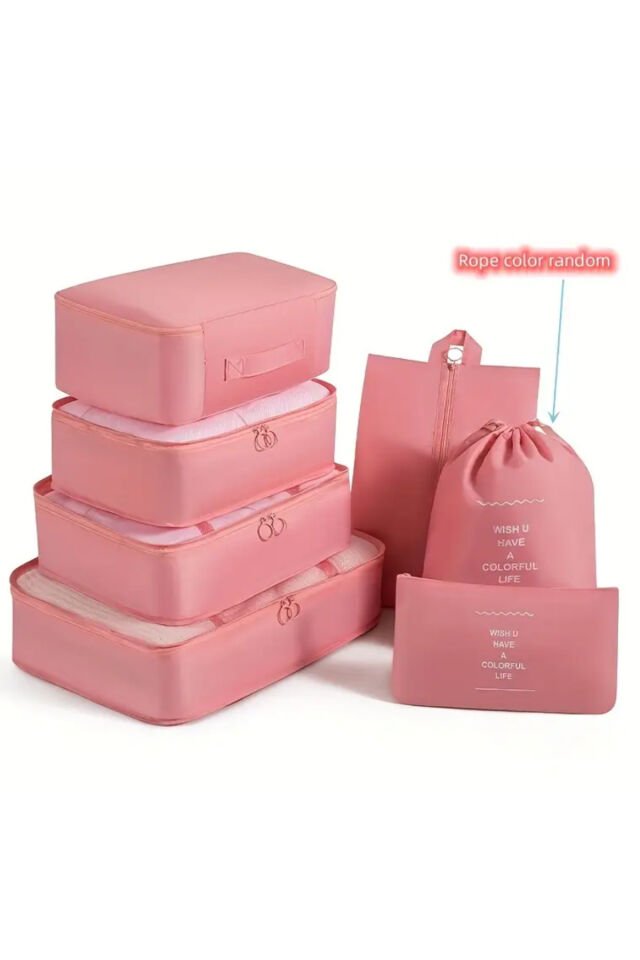 One Kado 8 Parça Pembe Seyahat Organizatör Bavul Ambalaj Seti Su Geçirmez Kumaş Saklama Kutuları