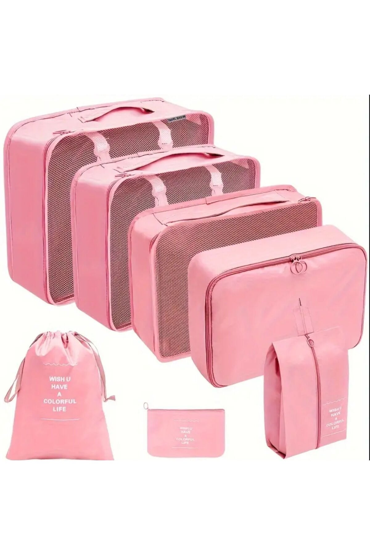 One Kado 8 Parça Pembe Seyahat Organizatör Bavul Ambalaj Seti Su Geçirmez Kumaş Saklama Kutuları