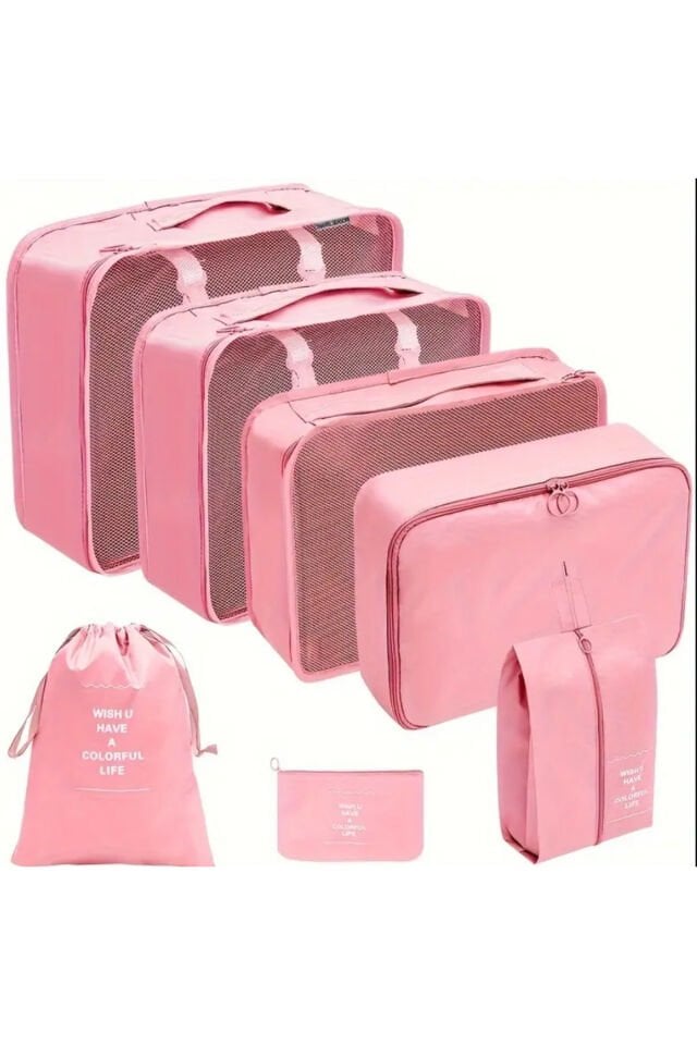 One Kado 8 Parça Pembe Seyahat Organizatör Bavul Ambalaj Seti Su Geçirmez Kumaş Saklama Kutuları