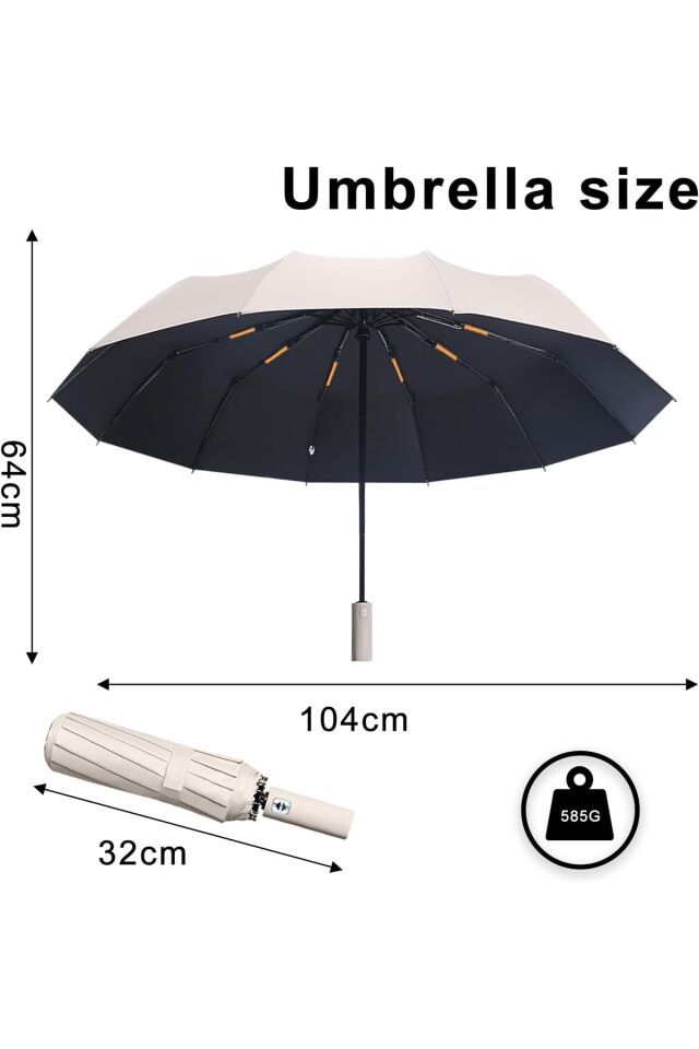 Katlanabilir Otomatik Şemsiye – Bej, Rüzgara Dayanıklı, Su Geçirmez