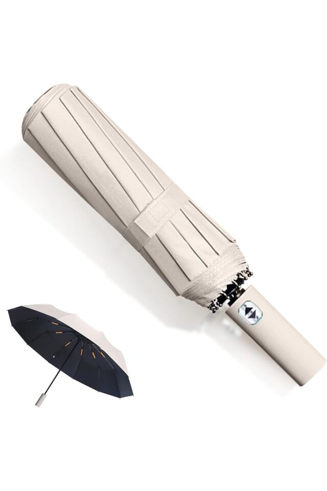 Katlanabilir Otomatik Şemsiye – Bej, Rüzgara Dayanıklı, Su Geçirmez