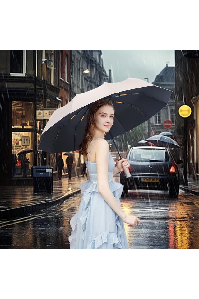 Katlanabilir Otomatik Şemsiye – Bej, Rüzgara Dayanıklı, Su Geçirmez