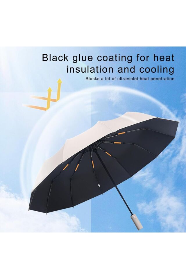 Katlanabilir Otomatik Şemsiye – Bej, Rüzgara Dayanıklı, Su Geçirmez