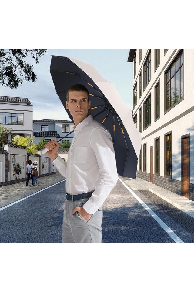 Katlanabilir Otomatik Şemsiye – Bej, Rüzgara Dayanıklı, Su Geçirmez