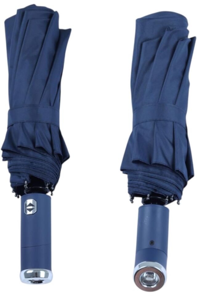 LED Işıklı Otomatik Katlanabilir Şemsiye – Mavi, Rüzgara Dayanıklı, Su Geçirmez