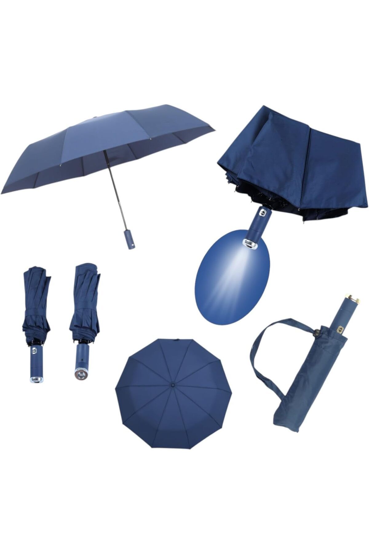 LED Işıklı Otomatik Katlanabilir Şemsiye – Mavi, Rüzgara Dayanıklı, Su Geçirmez