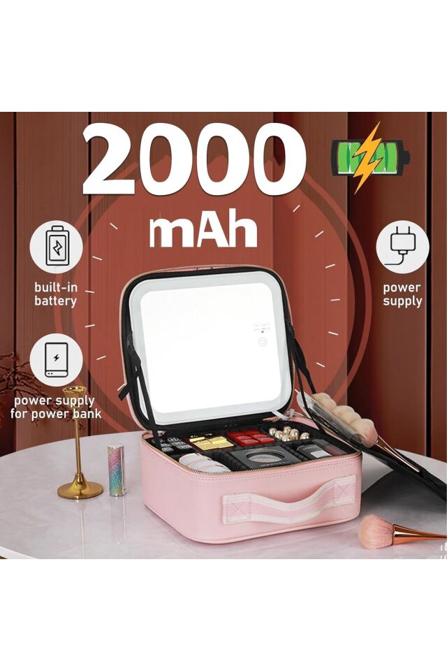 Led Işıklı Aynalı Makyaj Çantası Seyahat Makyaj Çantası Bej