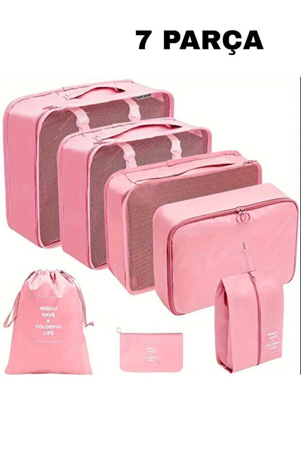 One Kado 7 Parça Pembe Seyahat Organizatör Bavul Ambalaj Seti Su Geçirmez Kumaş Saklama Kutuları