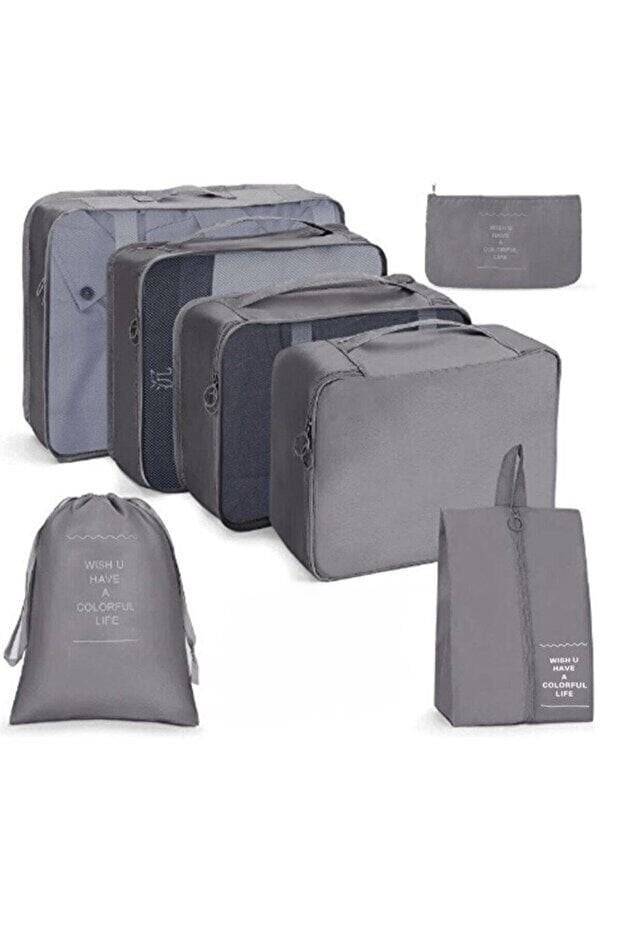 One Kado 7 Parça Gri Seyahat Organizatör Bavul Ambalaj Seti Su Geçirmez Kumaş Saklama Kutuları