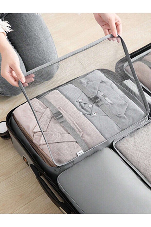 One Kado 7 Parça Gri Seyahat Organizatör Bavul Ambalaj Seti Su Geçirmez Kumaş Saklama Kutuları