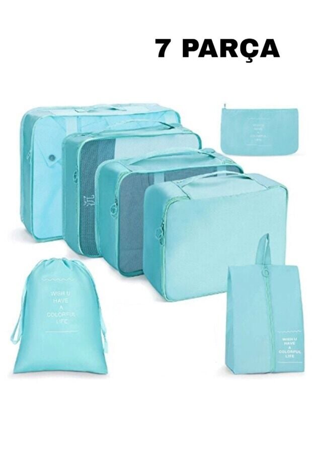 One Kado 7 Parça Mavi Seyahat Organizatör Bavul Ambalaj Seti Su Geçirmez Kumaş Saklama Kutuları
