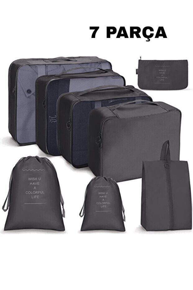 One Kado 7 Parça Siyah Seyahat Organizatör Bavul Ambalaj Seti Su Geçirmez Kumaş Saklama Kutuları