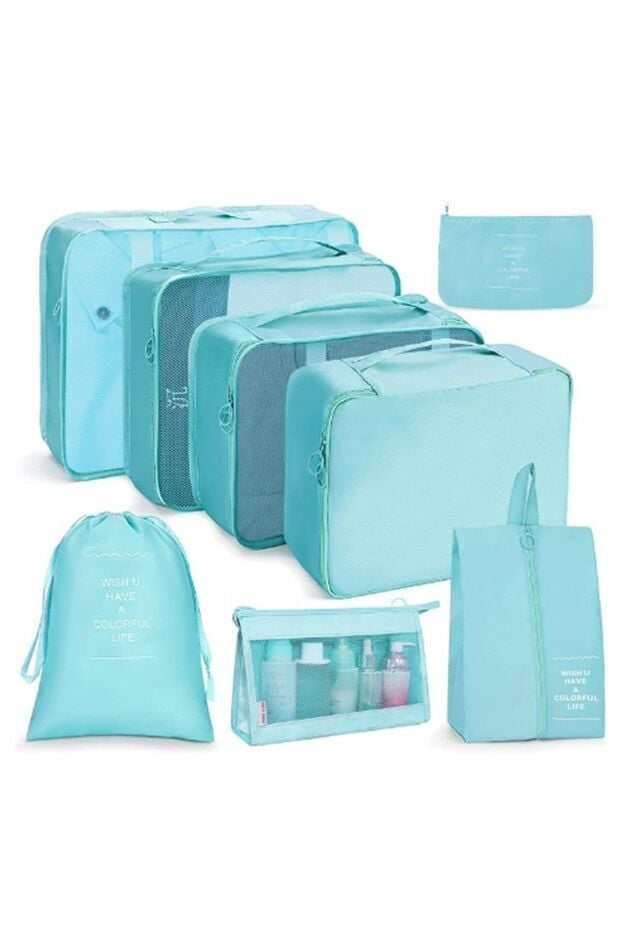 One Kado 8 Parça Mavi Seyahat Organizatör Bavul Ambalaj Seti Su Geçirmez Kumaş Saklama Kutuları