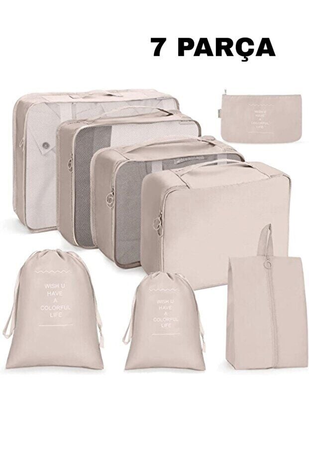 One Kado 7 Parça Bej Seyahat Organizatör Bavul Ambalaj Seti Su Geçirmez Kumaş Saklama Kutuları
