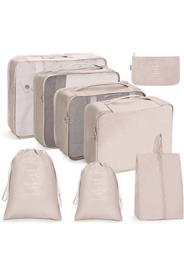 One Kado 8 Parça Bej Seyahat Organizatör Bavul Ambalaj Seti Su Geçirmez Kumaş Saklama Kutuları