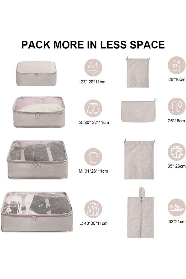 One Kado 8 Parça Bej Seyahat Organizatör Bavul Ambalaj Seti Su Geçirmez Kumaş Saklama Kutuları