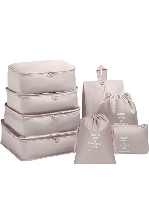 One Kado 8 Parça Bej Seyahat Organizatör Bavul Ambalaj Seti Su Geçirmez Kumaş Saklama Kutuları