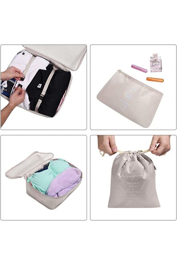 One Kado 8 Parça Bej Seyahat Organizatör Bavul Ambalaj Seti Su Geçirmez Kumaş Saklama Kutuları