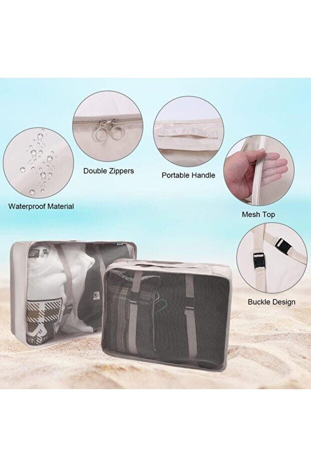 One Kado 8 Parça Bej Seyahat Organizatör Bavul Ambalaj Seti Su Geçirmez Kumaş Saklama Kutuları