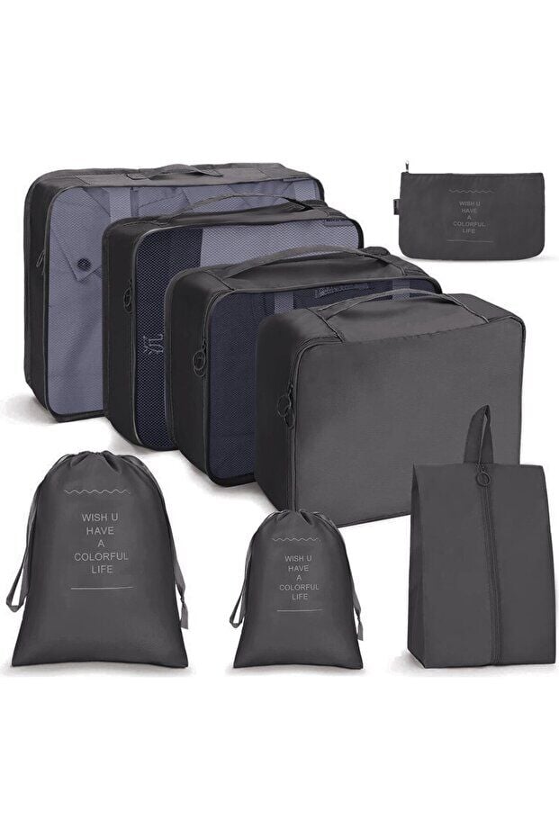 One Kado 8 Parça Siyah Seyahat Organizör Bavul Ambalaj Set