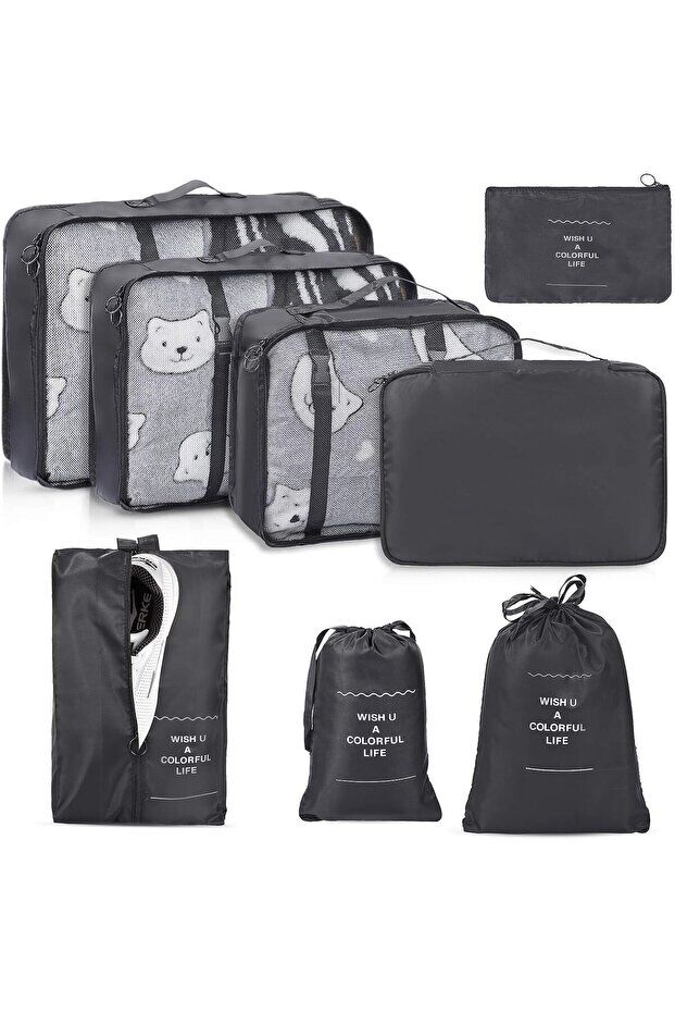 One Kado 8 Parça Siyah Seyahat Organizör Bavul Ambalaj Set
