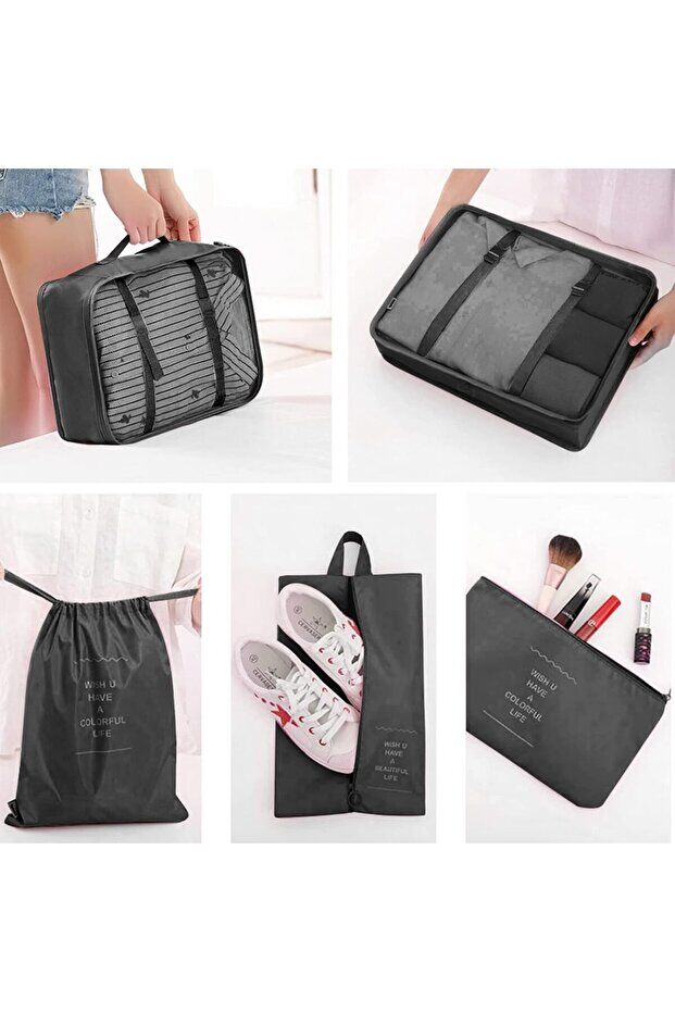 One Kado 8 Parça Siyah Seyahat Organizör Bavul Ambalaj Set