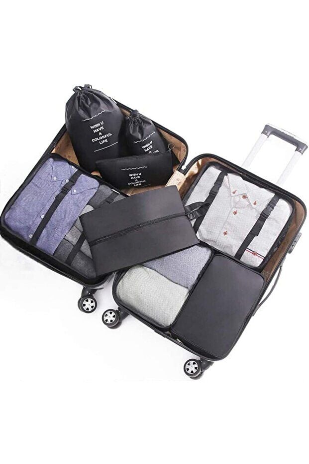 One Kado 8 Parça Siyah Seyahat Organizör Bavul Ambalaj Set